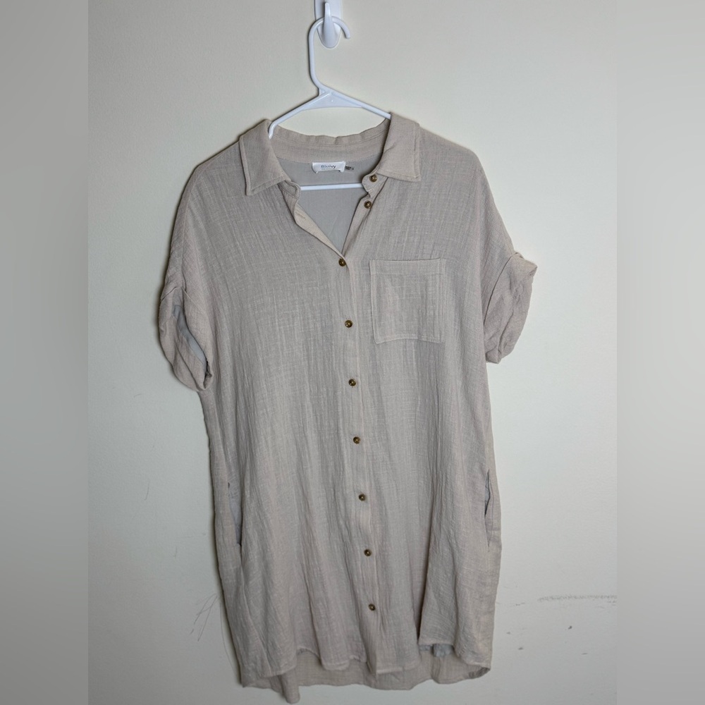 Bluivy Beige Button-Down Shirt Dress 100% Cotton Size Small